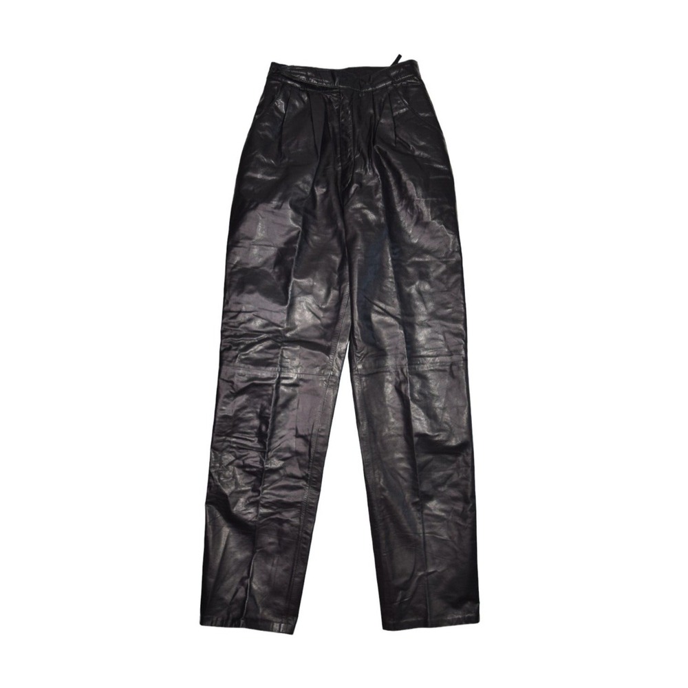 Vintage Leather Pants Womens 6 24x32 Black Pleated High Waist Biker Straight Leg